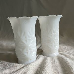 Pair of Vintage Hazel Atlas Ruffled Milk Glass Vases
